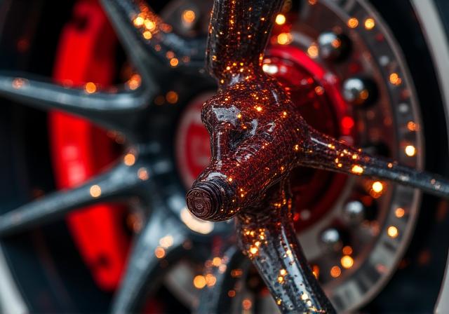 Close up of carbon-ceramic brake disc and red caliper