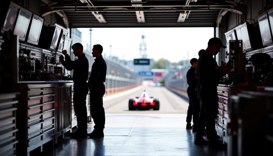 Technicians setting up the mobile workshop and telemetry screens in a pit box