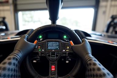 Close up of a steering wheel inside a high performance racing car