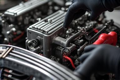 Team of mechanics working on a racing engine