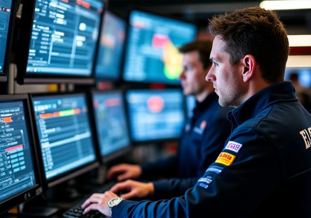 Engineers analyzing telemetry data on screens in a racing pit garage